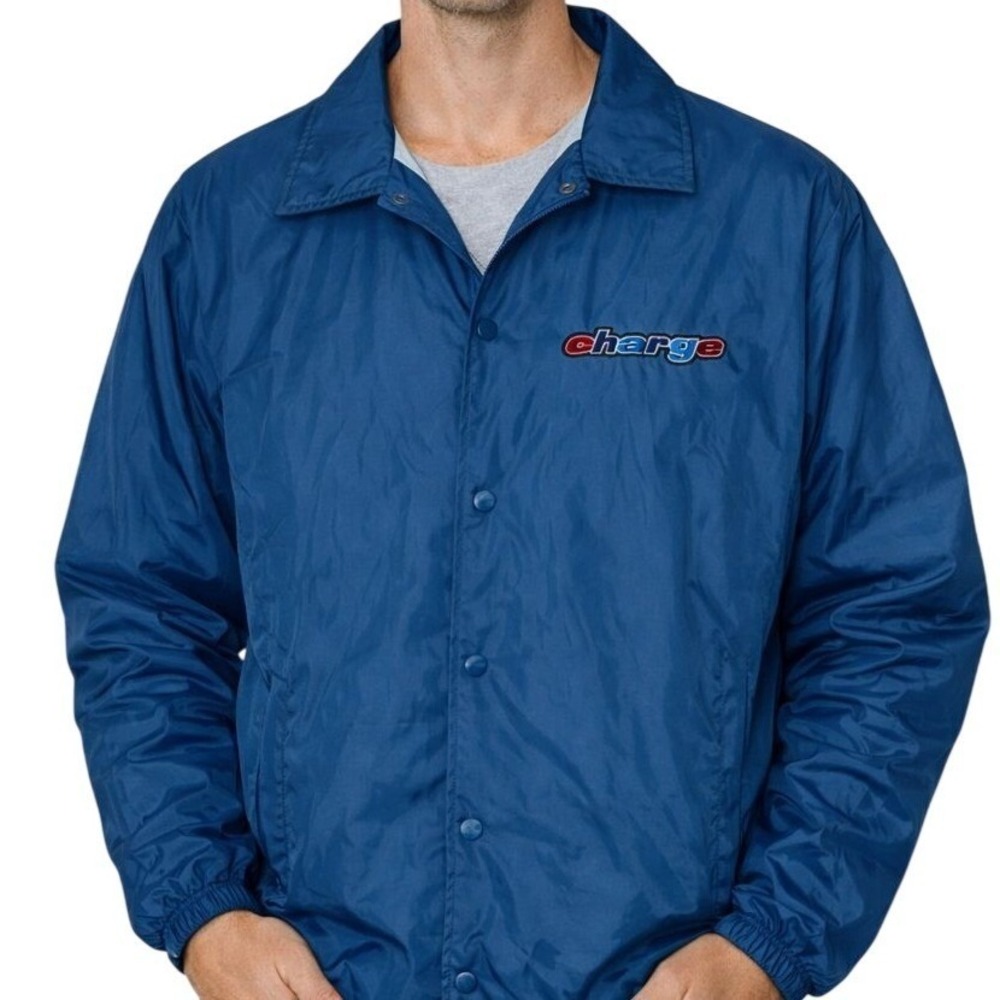 Vintage Charge Snowboards Coach Jacket Mens Large L Blue Nylon Snap Front USA‎